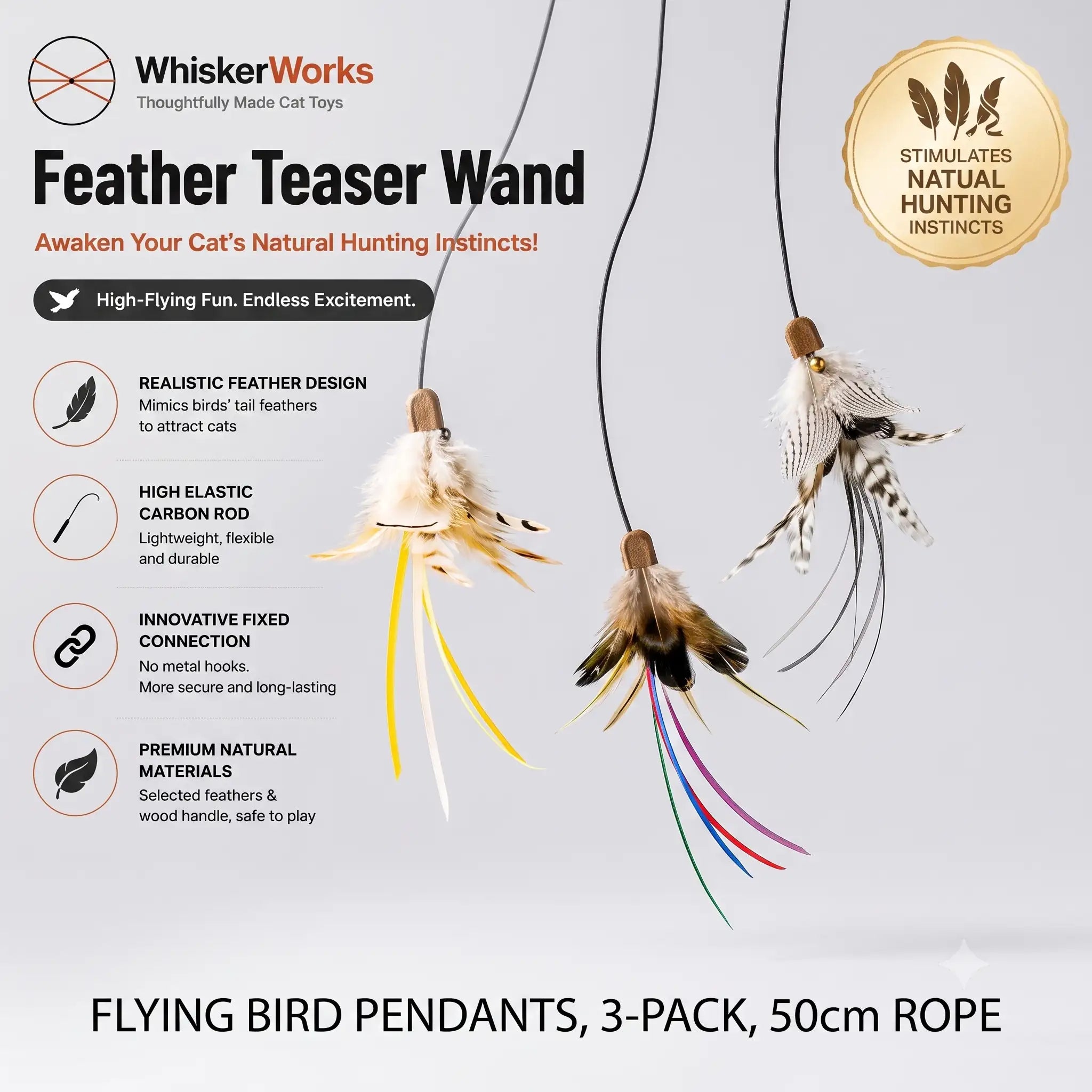 WhiskerWorks FlutterWing – Carbon Fiber Cat Wand with Real Feathers