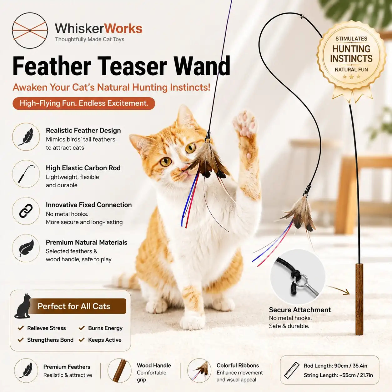 WhiskerWorks FlutterWing – Carbon Fiber Cat Wand with Real Feathers
